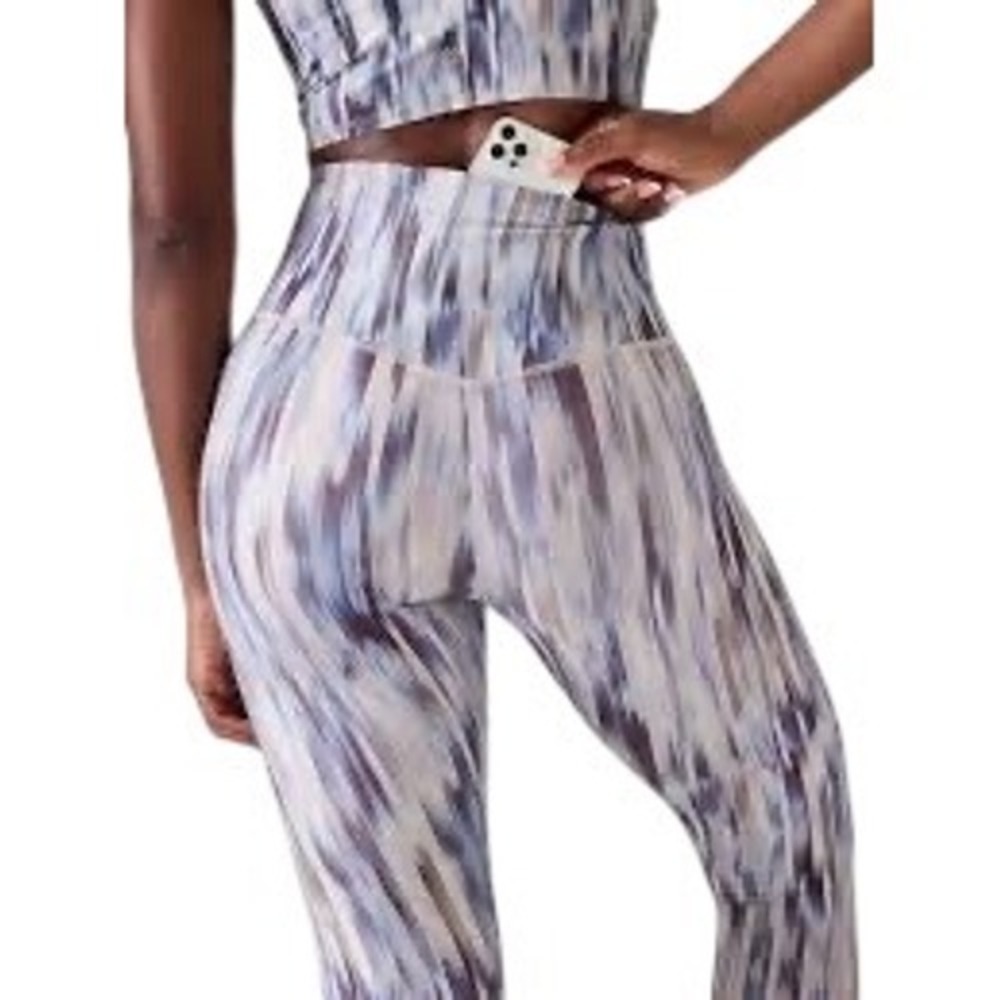 Athleta Elation 7/8‎ Tight Leggings Blue Grey Abstract Stripe High Rise Small